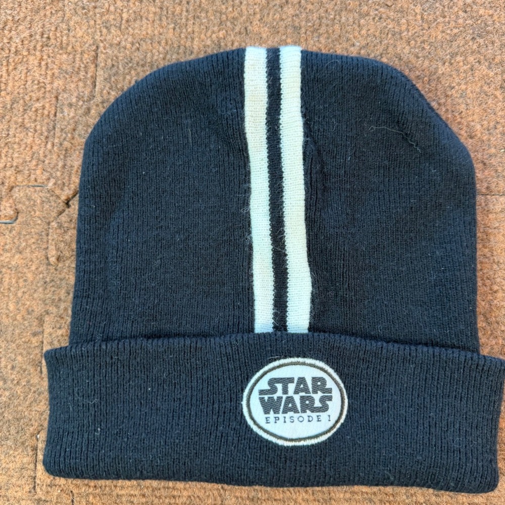 A+ Star Wars Episode I Beanie Black White Stripe Lucasfilm Knit Cuffed Hat Mens